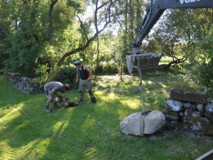 Digging out the hole for the last stone at the entrance to the labyrinth, equidistant between two ancient stone walls relaid five years ago by neighbour (and sadly now retired dyker) Paul Latham